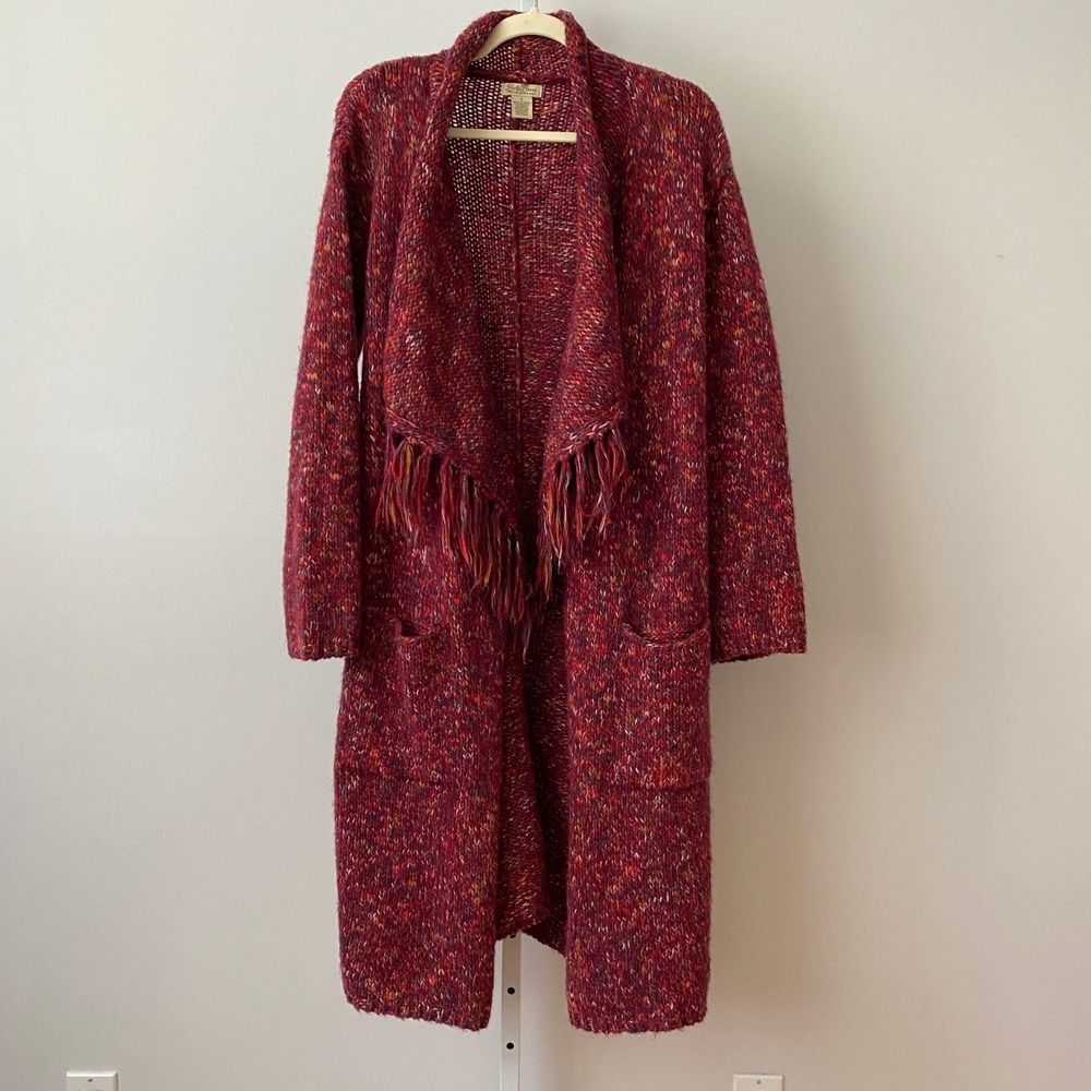Lucky Brand S Red Cardigan Fringe Drape Front Mohair Wool Blend Duster Coat